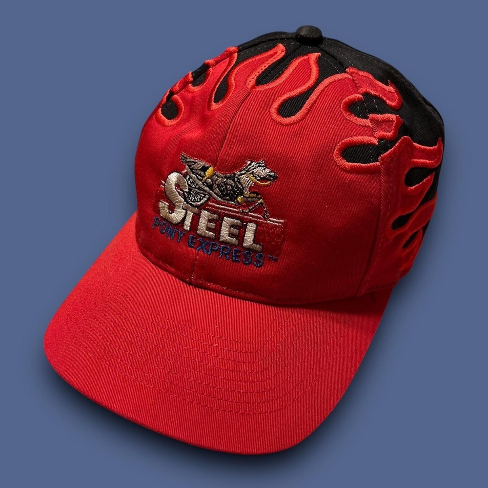Vintage Steel Pony Express Flame Embroidered Hat Biker Rally Mcbling 90s